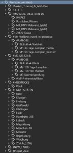 Die aufgeklappten tag-trees (Schlagwörter Stammbäume) im Ankizin Deck